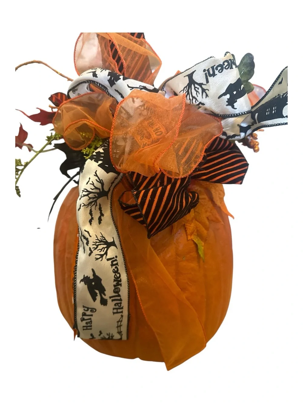 Fall Halloween Decor Orange Pumpkin Floral Accent with Black & Orange Ribbon